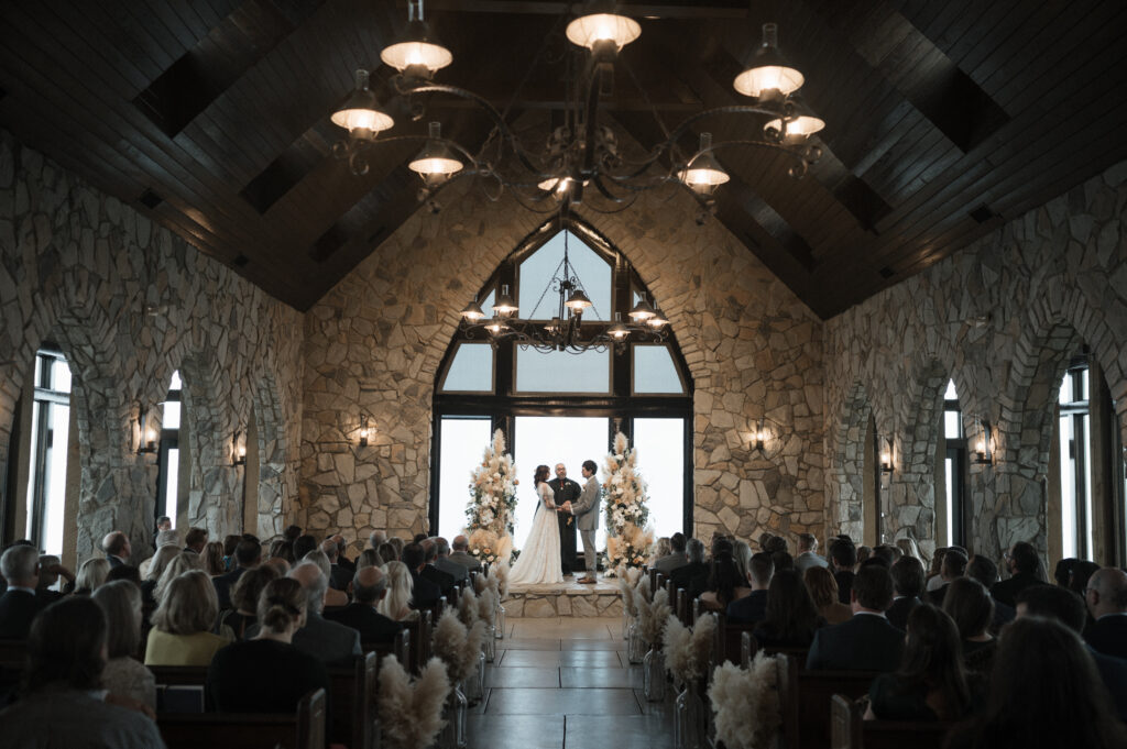glassy chapel wedding, bohemian mountain wedding day
